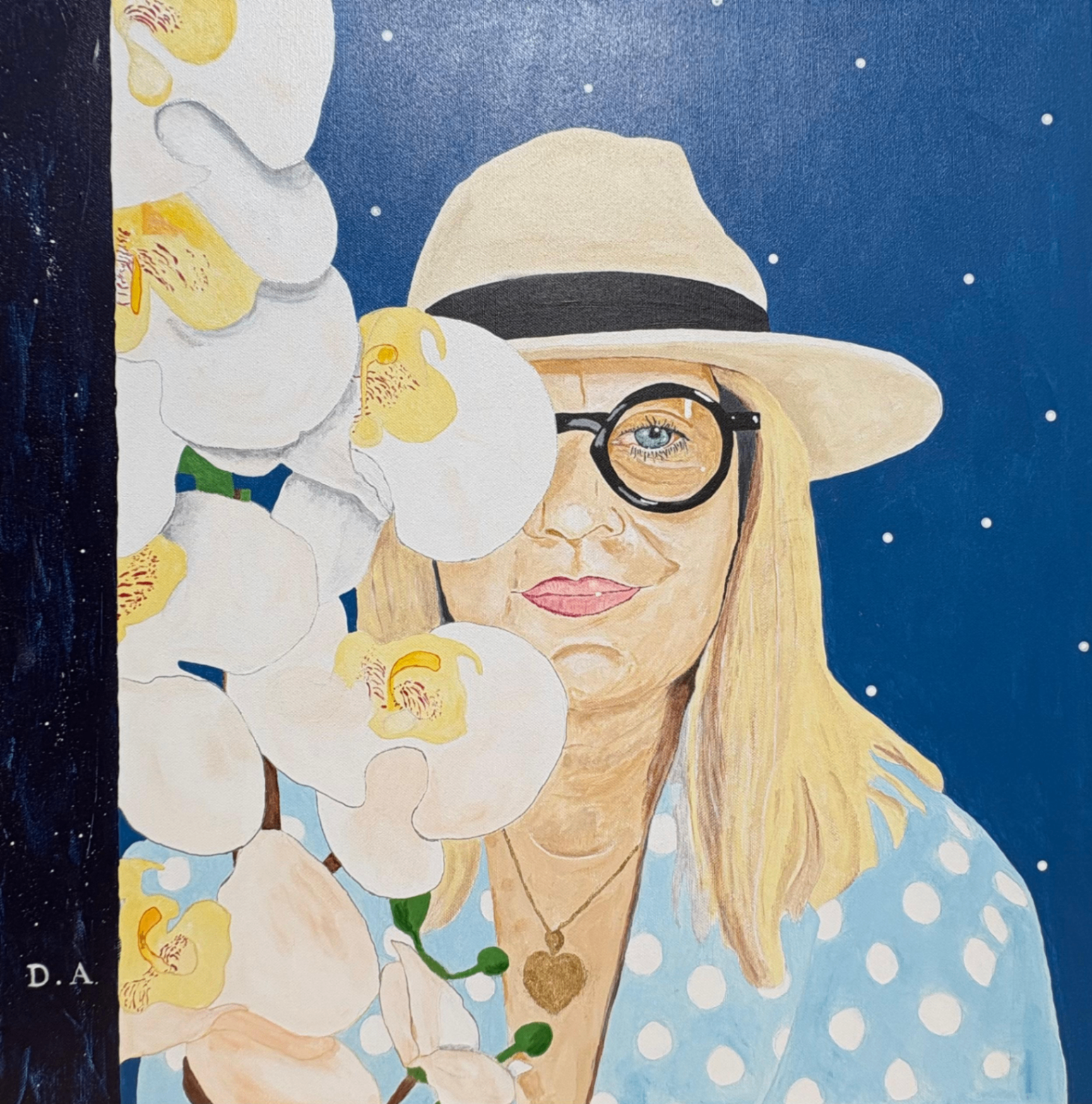 Obraz Doroty — kobieta w kapeluszu z orchideami na tle gwiazd