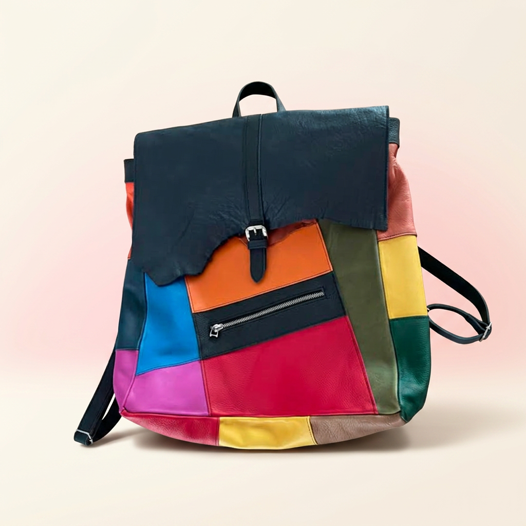 Kolorowy skórzany plecak patchwork z klapą